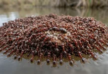 Formiga de fogo entrelaça milhares de corpos com mandíbulas e garras para construir jangada flutuante que protege rainha durante enchentes Formiga de fogo entrelaça milhares de corpos com mandíbulas e garras para construir jangada flutuante que protege rainha durante enchentes
