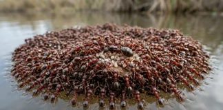 Formiga de fogo entrelaça milhares de corpos com mandíbulas e garras para construir jangada flutuante que protege rainha durante enchentes Formiga de fogo entrelaça milhares de corpos com mandíbulas e garras para construir jangada flutuante que protege rainha durante enchentes