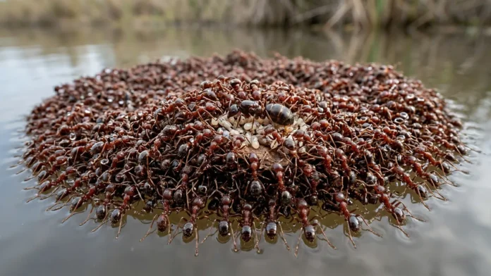 Formiga de fogo entrelaça milhares de corpos com mandíbulas e garras para construir jangada flutuante que protege rainha durante enchentes Formiga de fogo entrelaça milhares de corpos com mandíbulas e garras para construir jangada flutuante que protege rainha durante enchentes