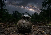 Besouro rola-bosta utiliza a luz da Via Láctea para guiar esferas de alimento em linha reta no solo Besouro rola-bosta utiliza a luz da Via Láctea para guiar esferas de alimento em linha reta no solo