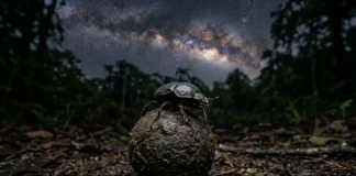Besouro rola-bosta utiliza a luz da Via Láctea para guiar esferas de alimento em linha reta no solo Besouro rola-bosta utiliza a luz da Via Láctea para guiar esferas de alimento em linha reta no solo