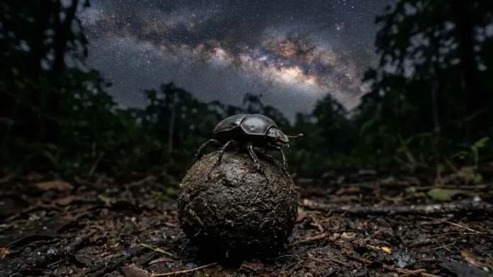 Besouro rola-bosta utiliza a luz da Via Láctea para guiar esferas de alimento em linha reta no solo Besouro rola-bosta utiliza a luz da Via Láctea para guiar esferas de alimento em linha reta no solo