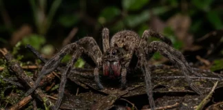 Aranha armadeira ergue o corpo e exibe quelíceras vermelhas para alertar predadores antes de injetar veneno neurotóxico na mata Aranha armadeira ergue o corpo e exibe quelíceras vermelhas para alertar predadores antes de injetar veneno neurotóxico na mata