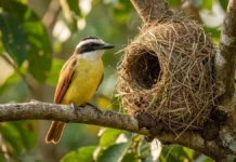 Bem-te-vi combina insetos, frutos e pequenos animais e faz de quintais urbanos parte do território onde procura alimento Bem-te-vi utiliza fibras vegetais e barro na construção de ninho com entrada lateral para proteger ninhadas contra intempéries