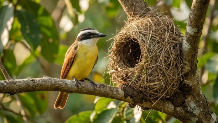 Bem-te-vi utiliza fibras vegetais e barro na construção de ninho com entrada lateral para proteger ninhadas contra intempéries Bem-te-vi utiliza fibras vegetais e barro na construção de ninho com entrada lateral para proteger ninhadas contra intempéries