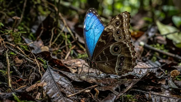 Borboleta morpho reflete luz azul em nanoestruturas nas escamas para comunicação e usa tom marrom para camuflagem na floresta