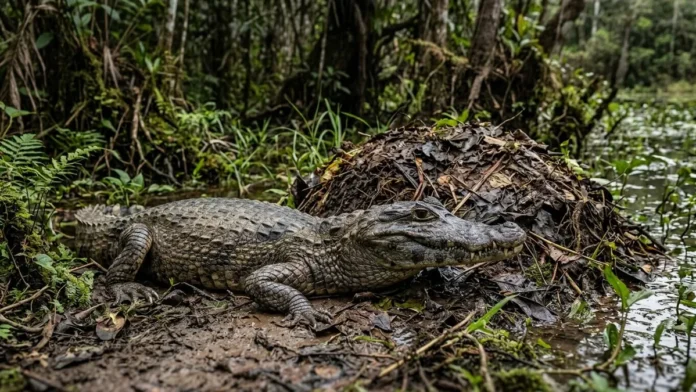 Jacaretinga acumula vegetação em decomposição para aquecer ovos e a temperatura do ninho define o sexo dos filhotes