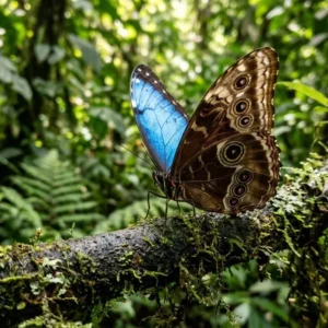 Borboleta morpho utiliza nanoestruturas nas escamas para refletir luz azul e alterna para camuflagem castanha no sub-bosque Borboleta morpho utiliza nanoestruturas nas escamas para refletir luz azul e alterna para camuflagem castanha no sub-bosque