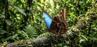 Borboleta morpho utiliza nanoestruturas nas escamas para refletir luz azul e alterna para camuflagem castanha no sub-bosque Borboleta morpho utiliza nanoestruturas nas escamas para refletir luz azul e alterna para camuflagem castanha no sub-bosque