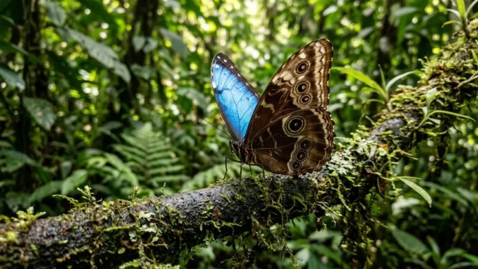 Borboleta morpho utiliza nanoestruturas nas escamas para refletir luz azul e alterna para camuflagem castanha no sub-bosque