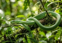 Cobra verde do dossel achata as costelas e ondula o corpo em S para planar trinta metros entre galhos Cobra verde do dossel achata as costelas e ondula o corpo em S para planar trinta metros entre galhos