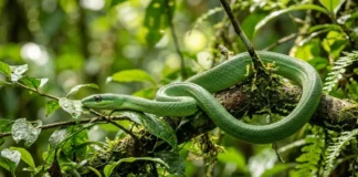 Cobra verde do dossel achata as costelas e ondula o corpo em S para planar trinta metros entre galhos Cobra verde do dossel achata as costelas e ondula o corpo em S para planar trinta metros entre galhos