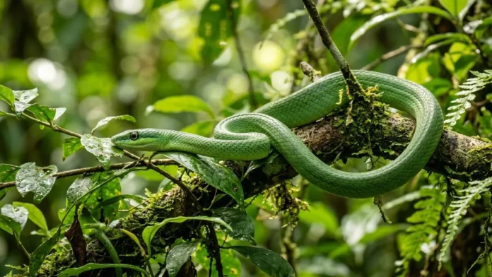 Cobra verde do dossel achata as costelas e ondula o corpo em S para planar trinta metros entre galhos Cobra verde do dossel achata as costelas e ondula o corpo em S para planar trinta metros entre galhos