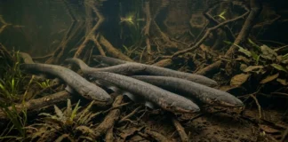 Poraquê sincroniza descargas elétricas em grupo para amplificar campo elétrico e atordoar cardumes de peixes maiores na Amazônia Poraquê sincroniza descargas elétricas em grupo para amplificar campo elétrico e atordoar cardumes de peixes maiores na Amazônia