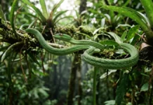 Cobra-verde encontra presas paradas na folhagem usando visão binocular e leitura química do ar amazônico Cobra-verde achata as costelas e ondula corpo para planar trinta metros entre árvores no dossel amazônico