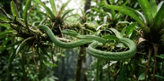 Cobra-verde encontra presas paradas na folhagem usando visão binocular e leitura química do ar amazônico Cobra-verde achata as costelas e ondula corpo para planar trinta metros entre árvores no dossel amazônico