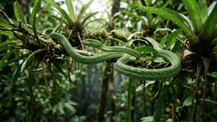 Cobra-verde achata as costelas e ondula corpo para planar trinta metros entre árvores no dossel amazônico Cobra-verde achata as costelas e ondula corpo para planar trinta metros entre árvores no dossel amazônico