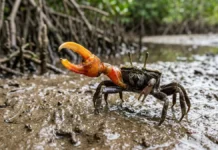 Nos manguezais, caranguejo violinista revolve o lodo para se alimentar e redistribui matéria orgânica pelo ecossistema costeiro Caranguejo violinista agita quela hipertrofiada em ritual rítmico para atrair fêmeas e defender tocas nos manguezais