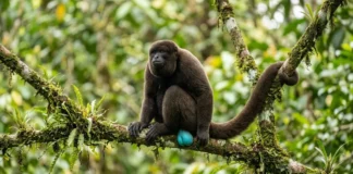 Macaco-barrigudo vive em grupos de até 70, agarra-se com a cauda e dispersa sementes na Amazônia Macaco barrigudo macho combina bolsa laríngea e escroto azul turquesa para amplificar chamados e garantir domínio territorial na floresta