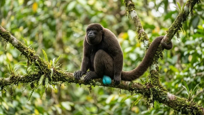Macaco barrigudo macho combina bolsa laríngea e escroto azul turquesa para amplificar chamados e garantir domínio territorial na floresta Macaco barrigudo macho combina bolsa laríngea e escroto azul turquesa para amplificar chamados e garantir domínio territorial na floresta