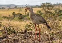 Seriema utiliza pernas longas na perseguição terrestre e arremessa serpentes contra rochas para fraturar ossos da presa Seriema utiliza pernas longas na perseguição terrestre e arremessa serpentes contra rochas para fraturar ossos da presa