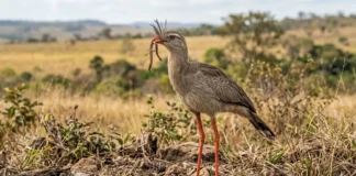 Seriema utiliza pernas longas na perseguição terrestre e arremessa serpentes contra rochas para fraturar ossos da presa Seriema utiliza pernas longas na perseguição terrestre e arremessa serpentes contra rochas para fraturar ossos da presa