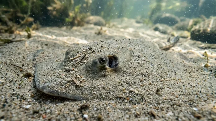 Arraia elétrica enterra-se no substrato e utiliza ampolas de Lorenzini para detectar presas sem impulso visual Arraia elétrica enterra-se no substrato e utiliza ampolas de Lorenzini para detectar presas sem impulso visual