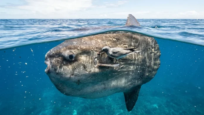 Peixe lua emerge na superfície do oceano para permitir que aves marinhas retirem centenas de parasitas da sua pele Peixe lua emerge na superfície do oceano para permitir que aves marinhas retirem centenas de parasitas da sua pele