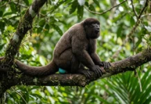 Macaco barrigudo macho usa bolsa laringea e escroto azul turquesa para sinalizar dominio e defender territorio na amazonia Macaco barrigudo macho usa bolsa laringea e escroto azul turquesa para sinalizar dominio e defender territorio na amazonia