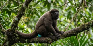 Macaco barrigudo macho usa bolsa laringea e escroto azul turquesa para sinalizar dominio e defender territorio na amazonia Macaco barrigudo macho usa bolsa laringea e escroto azul turquesa para sinalizar dominio e defender territorio na amazonia