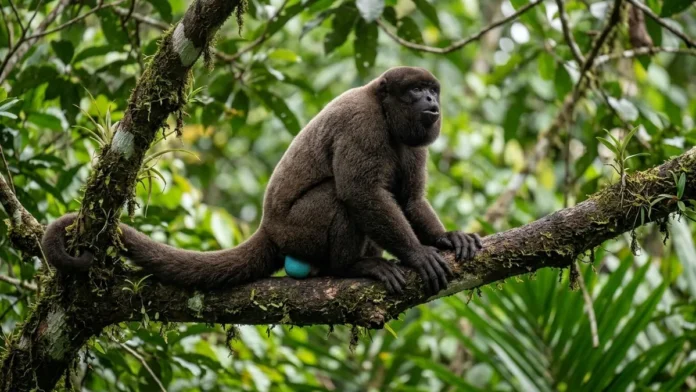 Macaco barrigudo macho usa bolsa laringea e escroto azul turquesa para sinalizar dominio e defender territorio na amazonia Macaco barrigudo macho usa bolsa laringea e escroto azul turquesa para sinalizar dominio e defender territorio na amazonia