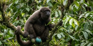 Macaco barrigudo macho combina escroto azul turquesa e bolsa laríngea para projetar vocalizações e defender território na floresta amazônica Macaco barrigudo macho combina escroto azul turquesa e bolsa laríngea para projetar vocalizações e defender território na floresta amazônica