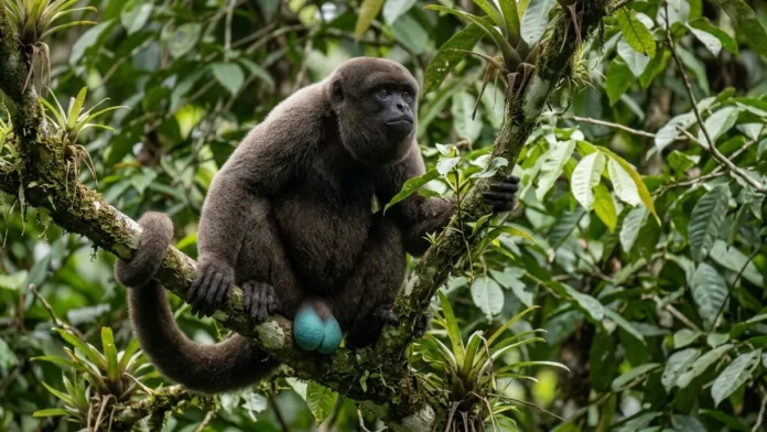 Macaco barrigudo macho combina escroto azul turquesa e bolsa laríngea para projetar vocalizações e defender território na floresta amazônica Macaco barrigudo macho combina escroto azul turquesa e bolsa laríngea para projetar vocalizações e defender território na floresta amazônica