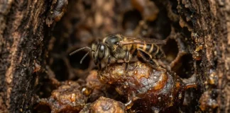Abelha sem ferrão fabrica potes de cerume e mistura resinas vegetais para proteger o mel contra bactérias na floresta Abelha sem ferrão fabrica potes de cerume e mistura resinas vegetais para proteger o mel contra bactérias na floresta