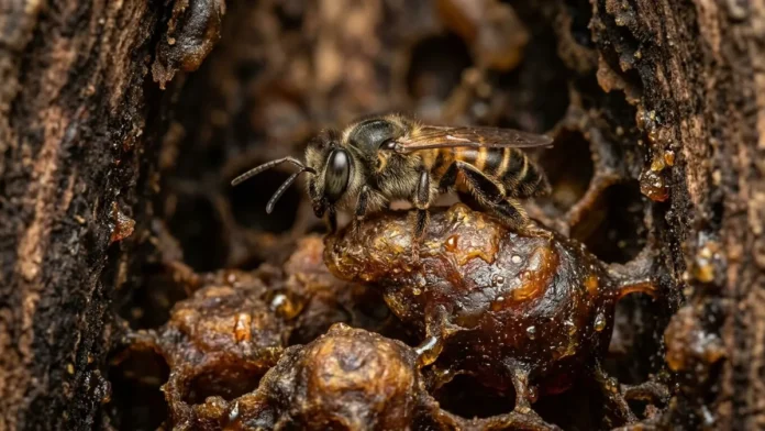 Abelha sem ferrão fabrica potes de cerume e mistura resinas vegetais para proteger o mel contra bactérias na floresta Abelha sem ferrão fabrica potes de cerume e mistura resinas vegetais para proteger o mel contra bactérias na floresta