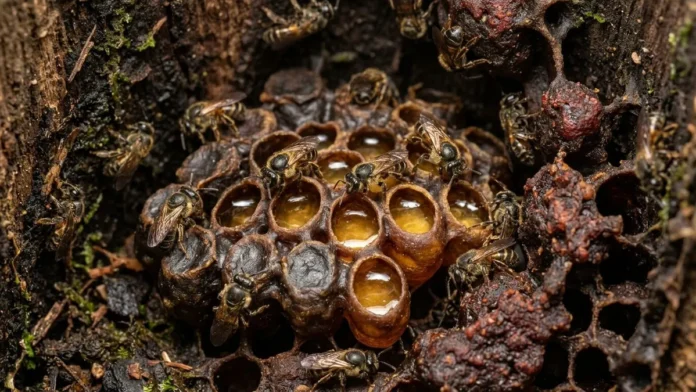 Abelha sem ferrão constrói potes ovoides de cerume e usa própolis para neutralizar bactérias e fungos na colônia Abelha sem ferrão constrói potes ovoides de cerume e usa própolis para neutralizar bactérias e fungos na colônia