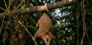 Cuíca lanosa usa ponta nua da cauda preênsil para sustentar peso corporal e liberar patas no forrageio Cuíca lanosa usa ponta nua da cauda preênsil para sustentar peso corporal e liberar patas no forrageio