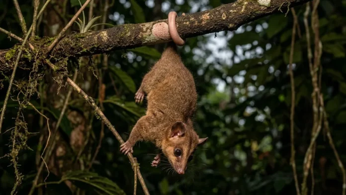 Cuíca lanosa usa ponta nua da cauda preênsil para sustentar peso corporal e liberar patas no forrageio Cuíca lanosa usa ponta nua da cauda preênsil para sustentar peso corporal e liberar patas no forrageio