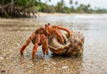 Caranguejo eremita protege abdômen mole usando conchas descartadas e organiza filas por tamanho para trocar de abrigo Caranguejo eremita protege abdômen mole usando conchas descartadas e organiza filas por tamanho para trocar de abrigo