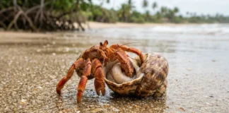Caranguejo eremita protege abdômen mole usando conchas descartadas e organiza filas por tamanho para trocar de abrigo Caranguejo eremita protege abdômen mole usando conchas descartadas e organiza filas por tamanho para trocar de abrigo