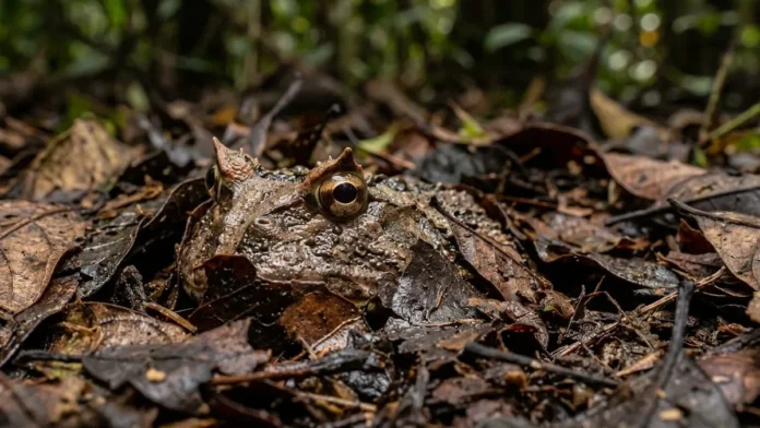 Sapo de chifre esconde corpo sob folhiço e aguarda semanas em imobilidade total para capturar roedores na floresta Sapo de chifre esconde corpo sob folhiço e aguarda semanas em imobilidade total para capturar roedores na floresta