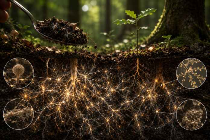 “Os fungos são como a internet da floresta.” A comparação descreve uma estrutura escondida sob o solo: redes de filamentos microscópicos que se associam às raízes e podem conectar diferentes plantas. Na superfície, cada árvore parece um indivíduo independente. Debaixo da terra, raízes, fungos, água, nutrientes e micro-organismos formam um sistema muito mais integrado. O que existe embaixo de uma árvore? A parte visível representa apenas uma fração do organismo. As raízes se espalham pelo solo em busca de água e nutrientes. Ao redor delas vivem fungos capazes de produzir filamentos muito finos, chamados hifas. O conjunto desses filamentos forma o micélio. Como são muito menores do que as raízes, as hifas conseguem explorar espaços estreitos no solo e ampliar a área de contato com água e minerais. Peter Wohlleben descreve essa associação no livro A vida secreta das árvores, fonte utilizada para este conteúdo. Segundo o autor, uma pequena quantidade de solo florestal pode conter quilômetros de filamentos produzidos por fungos. Como árvores e fungos cooperam? A associação entre fungos e raízes é conhecida como micorriza. O fungo ajuda a árvore a alcançar água e nutrientes presentes no solo. Em troca, recebe açúcares e outras substâncias produzidas pela planta por meio da fotossíntese. Essa relação pode beneficiar os dois organismos. O fungo não funciona apenas como uma extensão passiva da raiz. Ele possui seu próprio metabolismo, compete com outros organismos e direciona recursos conforme as condições do ambiente. A árvore, por sua vez, pode estabelecer relações com diferentes fungos ao longo da vida. Por que essa rede é chamada de “internet da floresta”? A expressão surgiu porque as conexões subterrâneas permitem que substâncias e sinais circulem entre plantas e fungos. Em inglês, a rede ficou popularmente conhecida como wood wide web, um jogo com a expressão World Wide Web. A comparação é útil para visualizar as conexões, mas não deve ser interpretada literalmente. A rede fúngica não possui computadores, servidores ou intenções humanas. Ela é um sistema biológico no qual organismos trocam recursos e respondem ao ambiente. Árvores enviam nutrientes umas para as outras? Estudos sobre redes micorrízicas indicam que carbono e outros recursos podem circular por sistemas conectados. A direção e a importância dessa transferência dependem da espécie, do fungo, da estação, da disponibilidade de luz e de diversas condições ambientais. Peter Wohlleben utiliza exemplos desse tipo para apresentar a floresta como uma comunidade na qual árvores podem permanecer conectadas. Isso não significa que toda transferência seja uma doação consciente. Processos ecológicos podem beneficiar mais de um organismo sem que exista intenção. Alertas também podem circular pelo solo? A atividade nas raízes e nos fungos pode participar da transmissão de sinais relacionados a mudanças no ambiente. Ataques de insetos, falta de água e outras pressões desencadeiam respostas químicas nas plantas. Parte das informações pode alcançar organismos conectados. Ainda existe pesquisa em andamento sobre a extensão, a frequência e o significado ecológico dessas comunicações. O ponto seguro é que as raízes não existem isoladamente. Elas estão em contato com fungos e micro-organismos que alteram a disponibilidade de nutrientes e a resposta das plantas ao ambiente. Uma colher de terra pode conter quilômetros de fungos? As hifas são extremamente finas e podem formar redes densas. Quando todos os filamentos presentes em uma pequena quantidade de solo são somados, o comprimento pode alcançar valores surpreendentes. A afirmação apresentada em A vida secreta das árvores ajuda a dimensionar uma estrutura impossível de perceber a olho nu. O que parece apenas terra contém caminhos microscópicos, organismos, água, matéria em decomposição e superfícies de troca. O que acontece quando o solo da floresta é destruído? A retirada da vegetação, a compactação, o fogo intenso e alterações prolongadas podem prejudicar raízes e redes fúngicas. Mesmo quando novas mudas são plantadas, a reconstrução das relações subterrâneas pode exigir tempo. Uma floresta não é formada apenas pelo número de troncos existentes em uma área. Ela depende da qualidade do solo, da diversidade de organismos e das conexões estabelecidas ao longo de décadas. A maior parte da floresta pode estar escondida Quando uma pessoa olha para uma árvore, costuma observar folhas, galhos, frutos, cascas e animais sobre o tronco. Debaixo dos pés existe outra dimensão do ecossistema. Milhares de filamentos ocupam espaços entre partículas de solo, alcançam raízes e participam do movimento de nutrientes. Uma única rede pode conectar áreas extensas e interagir com diferentes plantas. A internet da floresta não transmite vídeos ou mensagens escritas. Ela transporta recursos e sinais biológicos que ajudam a sustentar a comunidade visível acima do solo.