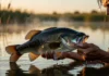 Ele fisgou o mesmo peixe três vezes em dois dias no açude atrás da fazenda; o black bass de cerca de 1,9 kg voltava ao mesmo ponto depois de ser marcado e solto Black bass adulto de quase dois quilos segurado sobre a água de um açude rural no fim de tarde