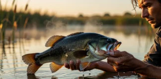 Ele fisgou o mesmo peixe três vezes em dois dias no açude atrás da fazenda; o black bass de cerca de 1,9 kg voltava ao mesmo ponto depois de ser marcado e solto Black bass adulto de quase dois quilos segurado sobre a água de um açude rural no fim de tarde