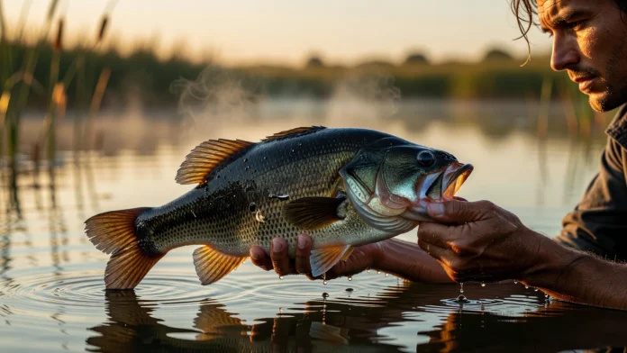 Black bass adulto de quase dois quilos segurado sobre a água de um açude rural no fim de tarde