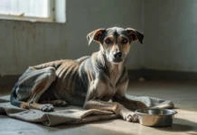 A cadela tentou devorar a comida e caiu de fraqueza; com menos de 10 kg no corpo de quem deveria pesar pelo menos 25, Zoe chegou cadavérica, sem cor na boca e sem conseguir ficar em pé Cadela muito magra deitada em cobertor simples olhando para uma tigela pequena em abrigo