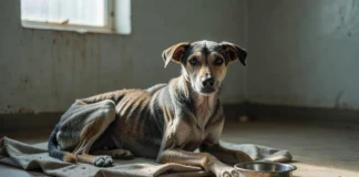 A cadela tentou devorar a comida e caiu de fraqueza; com menos de 10 kg no corpo de quem deveria pesar pelo menos 25, Zoe chegou cadavérica, sem cor na boca e sem conseguir ficar em pé Cadela muito magra deitada em cobertor simples olhando para uma tigela pequena em abrigo