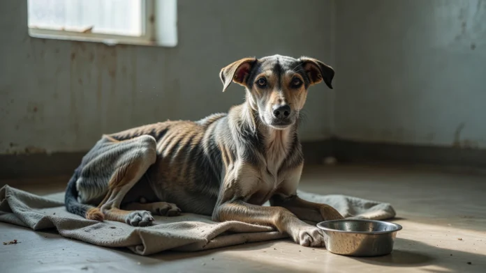 Cadela muito magra deitada em cobertor simples olhando para uma tigela pequena em abrigo