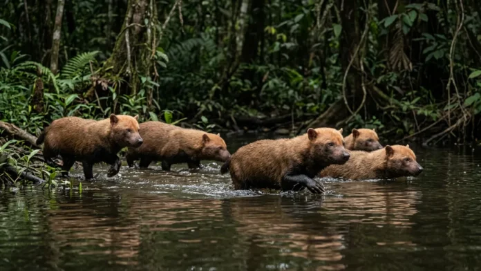 Cachorro-vinagre usa membrana entre os dedos para caçar em matilha dentro da água e derrubar presas maiores Cachorro-vinagre usa membrana entre os dedos para caçar em matilha dentro da água e derrubar presas maiores