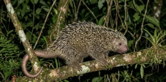 O ouriço-cacheiro usa microfaras nos espinhos e a cauda preênsil como quinto membro à noite O ouriço-cacheiro usa microfaras nos espinhos e a cauda preênsil como quinto membro à noite